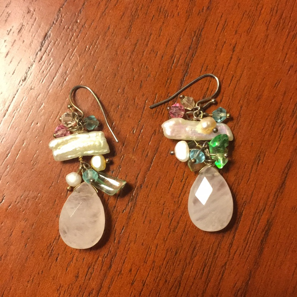 Real Pearl and Gem Stone Drop Earrings